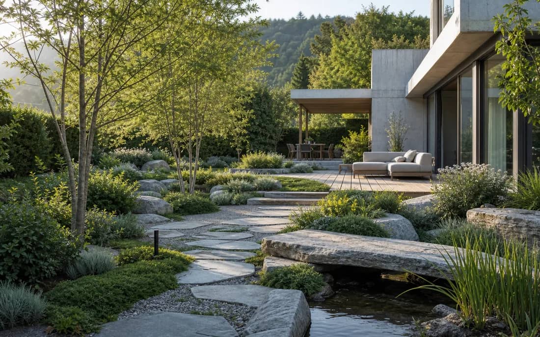 Website für Gartenbau: moderner Schweizer Privatgarten mit Natursteinweg