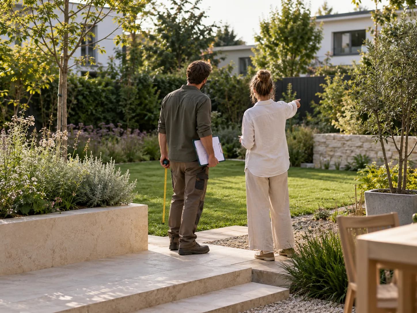 Zwei Personen besprechen einen Garten mit Massband