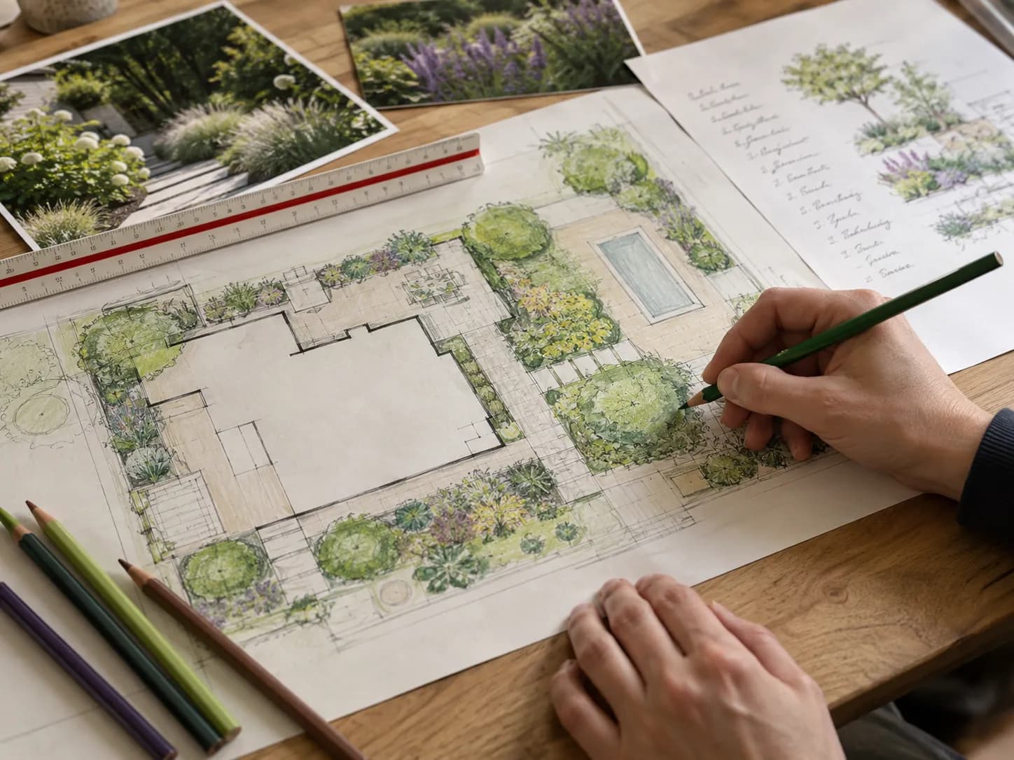 Handgezeichneter Gartenplan mit Farbstiften