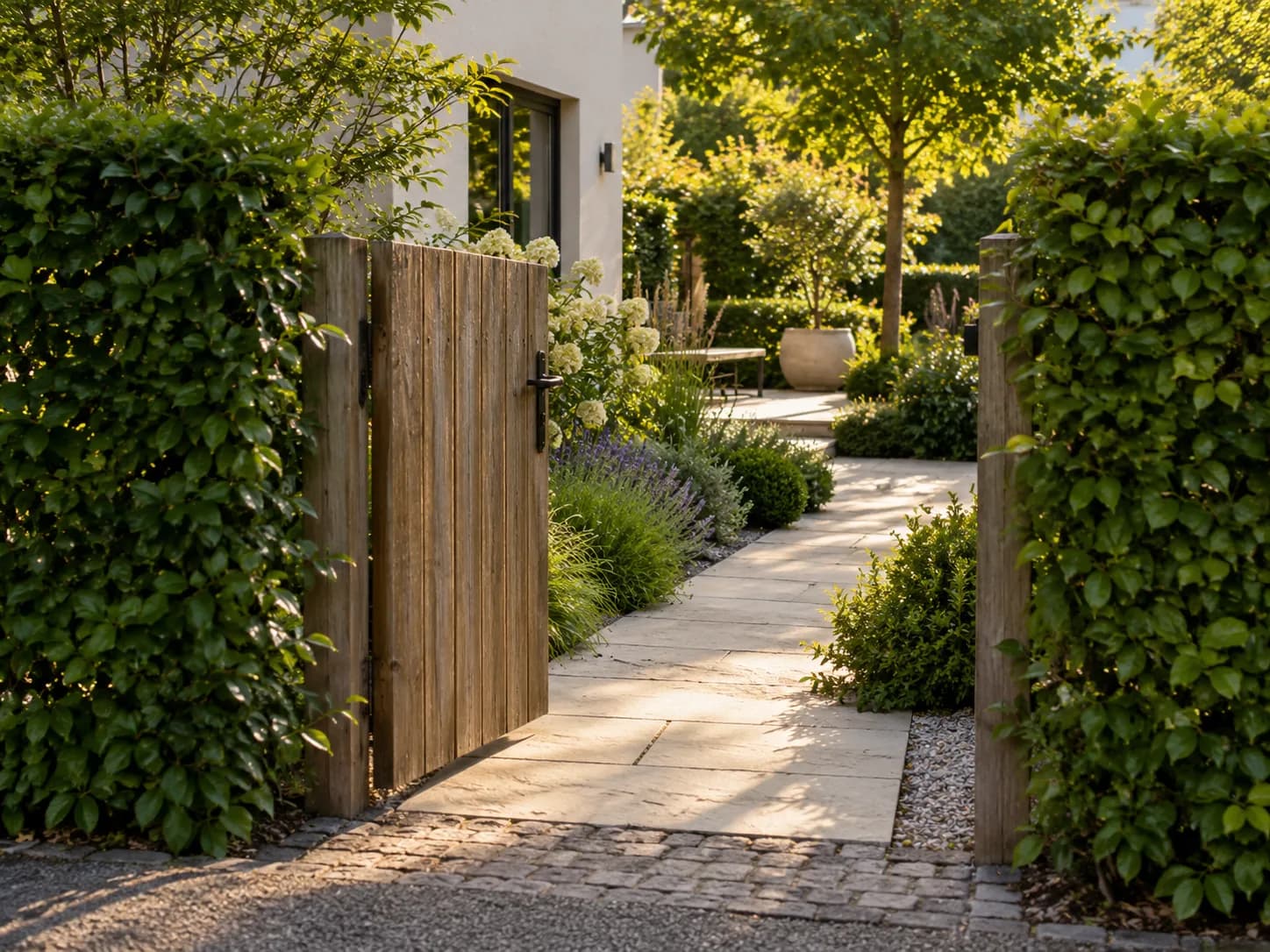 Holztor in einer Hecke mit Kalksteinweg in einen Garten