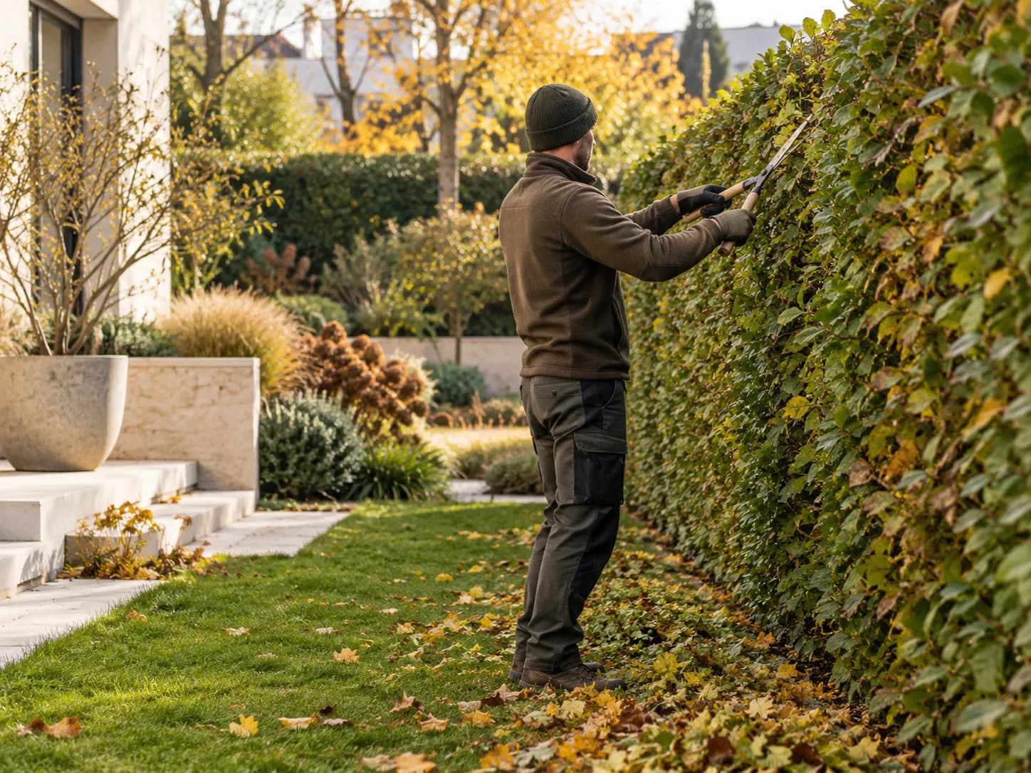 Gärtner schneidet im Herbst eine Hainbuchenhecke
