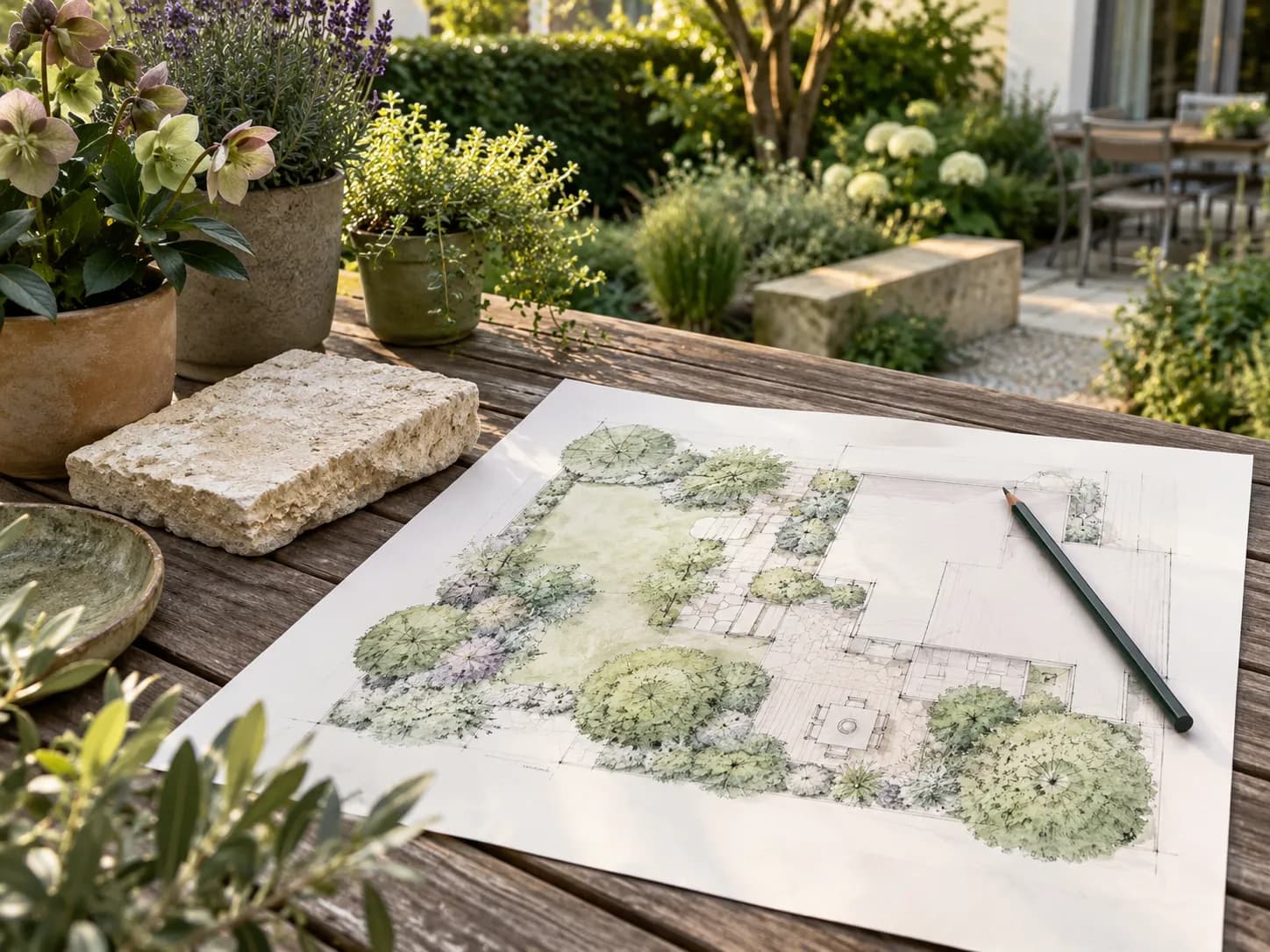 Handgezeichneter Gartenplan auf einem Holztisch im Garten