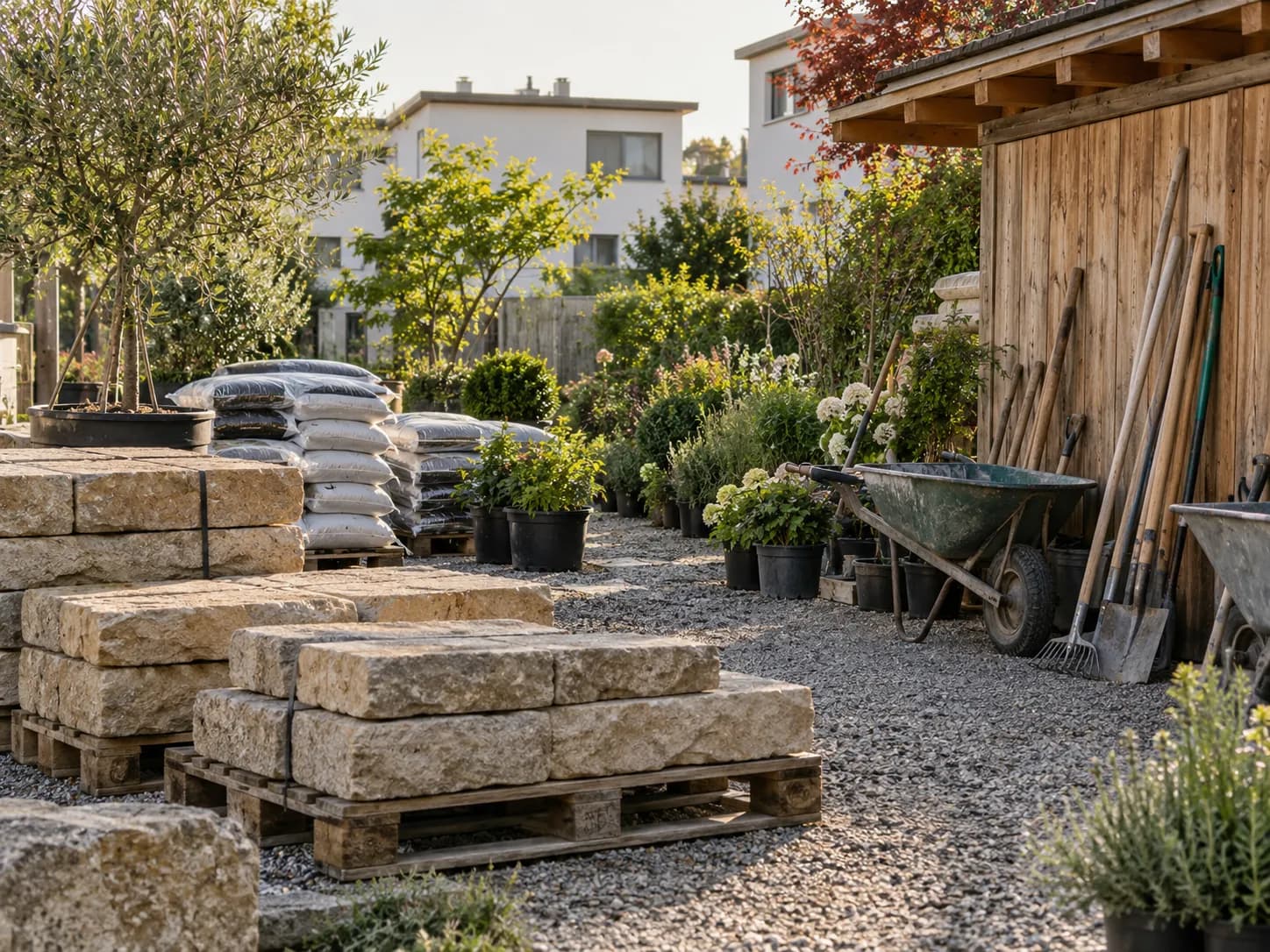 Werkhof mit Steinplatten, Werkzeug und Pflanzen