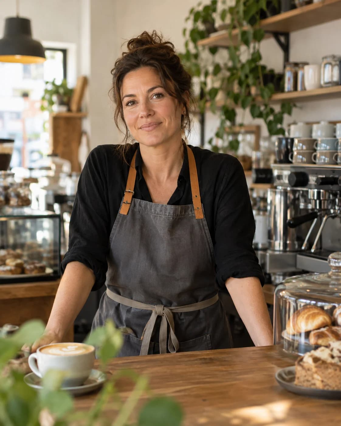 Porträt einer Caféinhaberin an ihrem Arbeitsplatz