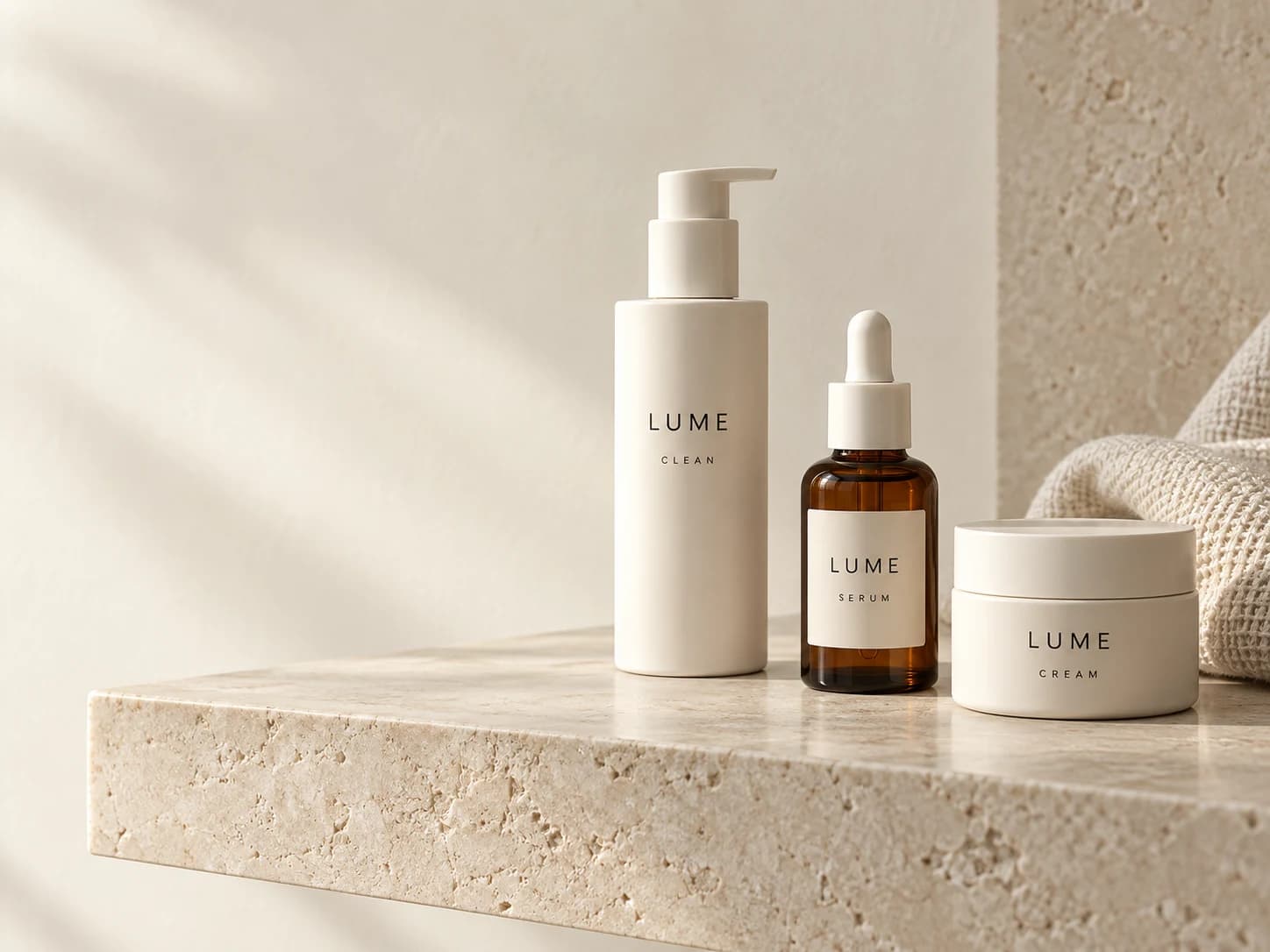 LUME-Reinigung, Serum und Creme auf einer hellen Steinablage