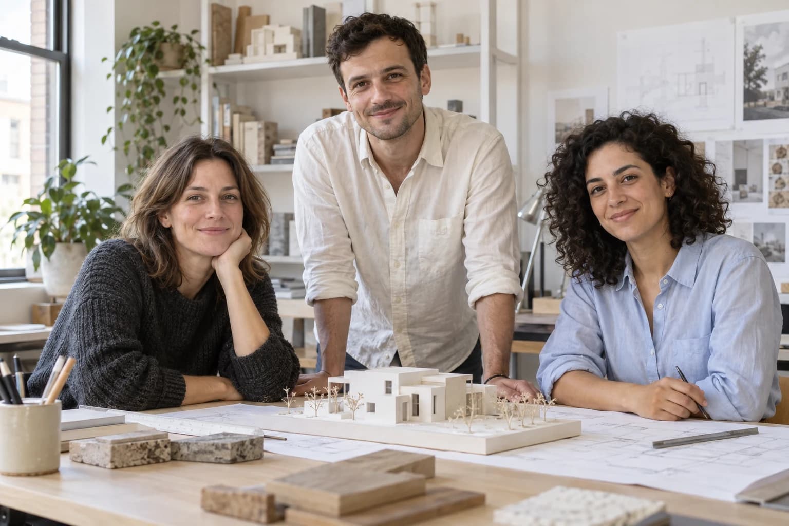 Lea, David und Samira besprechen einen Entwurf am Modelltisch des RAUM-Studios