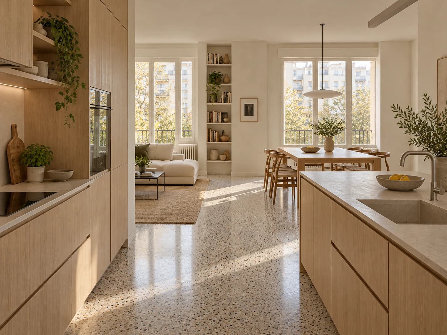 Offene Küche mit Essplatz und erhaltenem Terrazzoboden