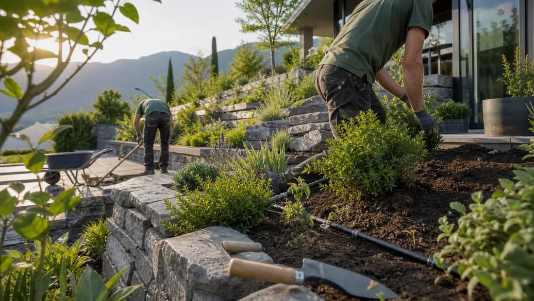 Gartenbau-Konzeptwebsite: Natursteinweg und Bepflanzung im Detail