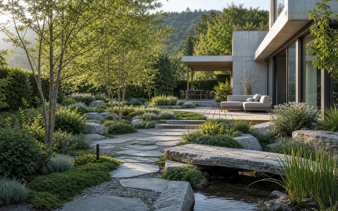 Website für Gartenbau: moderner Schweizer Privatgarten mit Natursteinweg