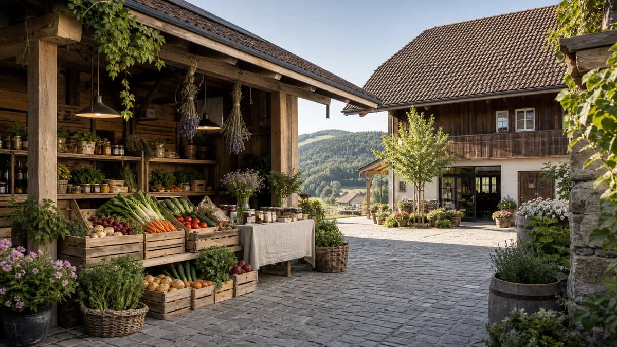 Website für Hofladen: Marktstand mit Gemüsekisten im Hof
