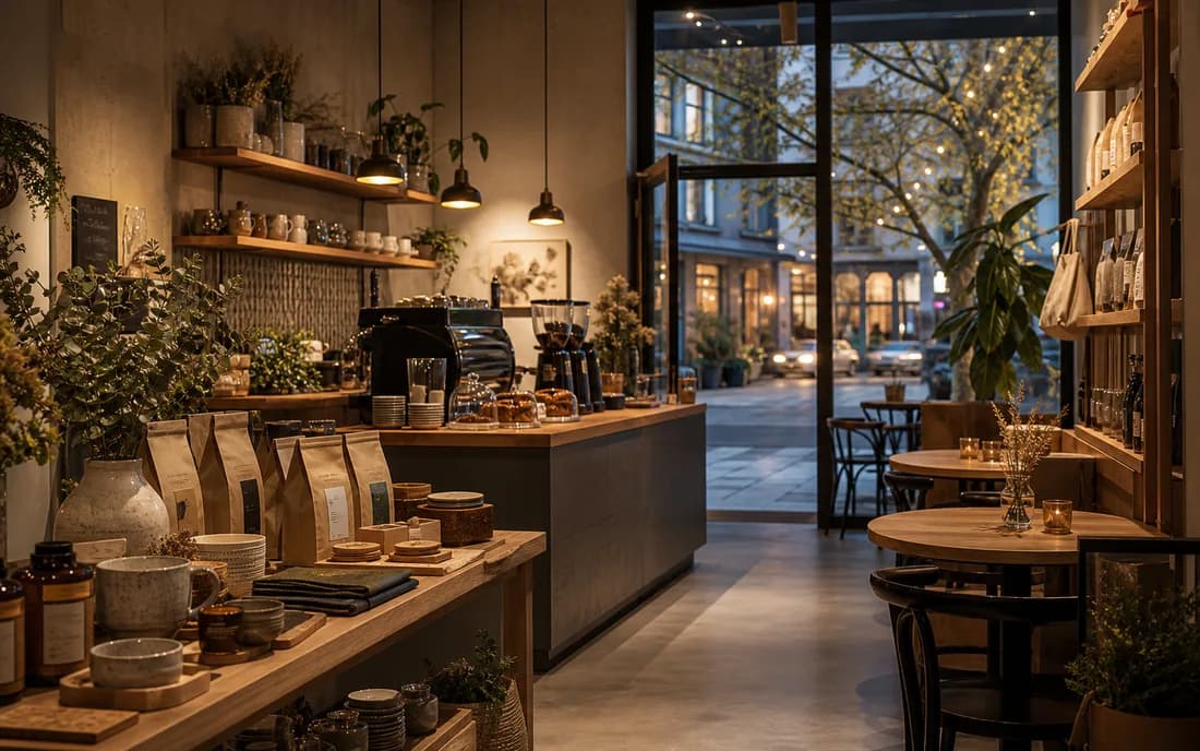 Website für Café: warm beleuchtetes Café mit Laden am Abend