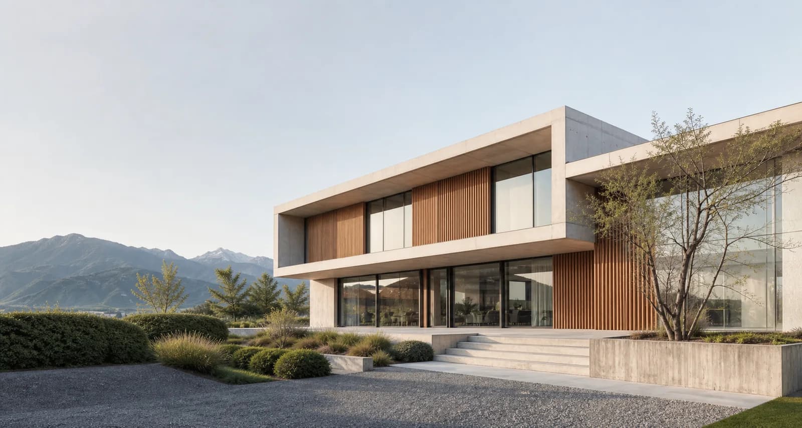 Website für Architekturkollektiv: minimalistisches Sichtbeton-Haus am Hang mit Moos