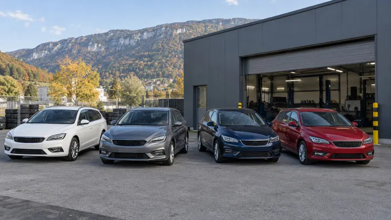 Vier Occasionen vor der Werkstatt: weisser Kombi, graue Limousine, dunkelblaue Limousine, roter Kombi