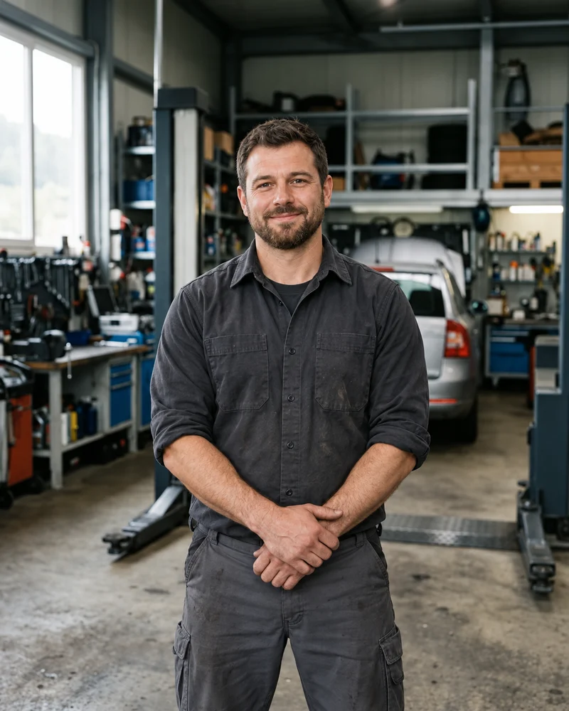 Daniel, Mechaniker der Garage Moser, mit kurzem dunklem Haar und Bart