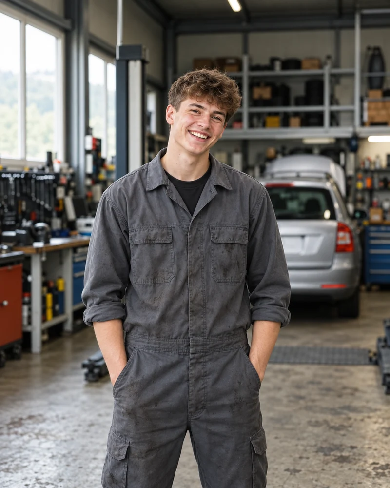 Luca Moser, Sohn von Marco und Sandra, im Mechaniker-Overall in der Werkstatt