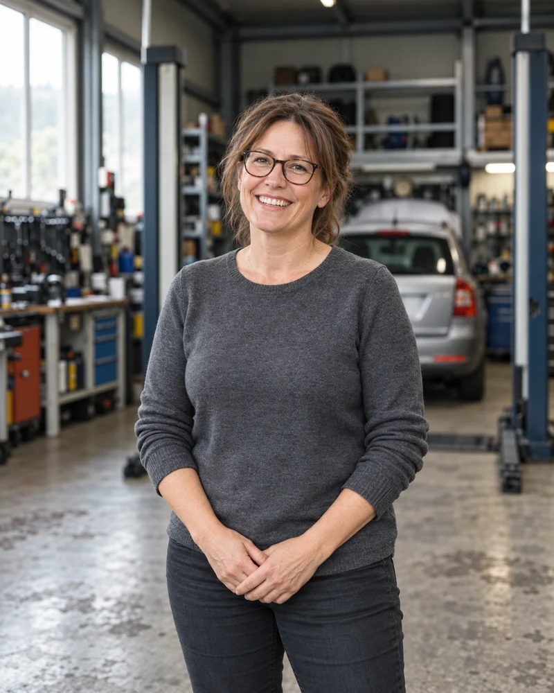 Sandra Moser mit Brille allein in der Werkstatt