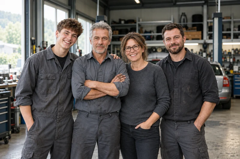 Marco und Sandra Moser mit Sohn Luca in Ausbildung und Mechaniker Daniel vor der Werkstatt