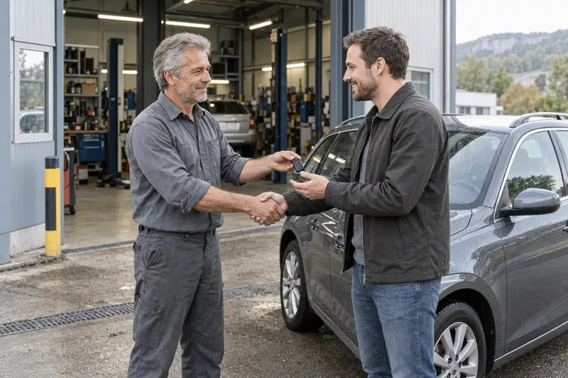 Marco Moser übergibt einem Kunden vor der Werkstatt den Autoschlüssel