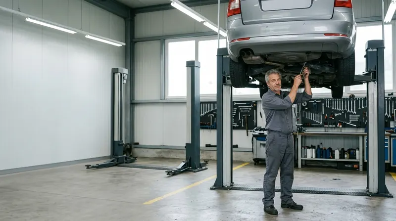 Marco Moser arbeitet in der hellen Werkstatt unter einem Auto auf der Hebebühne