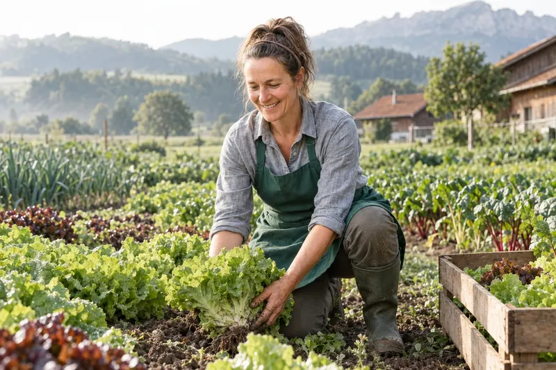 Anna erntet Salat im Gemüsegarten