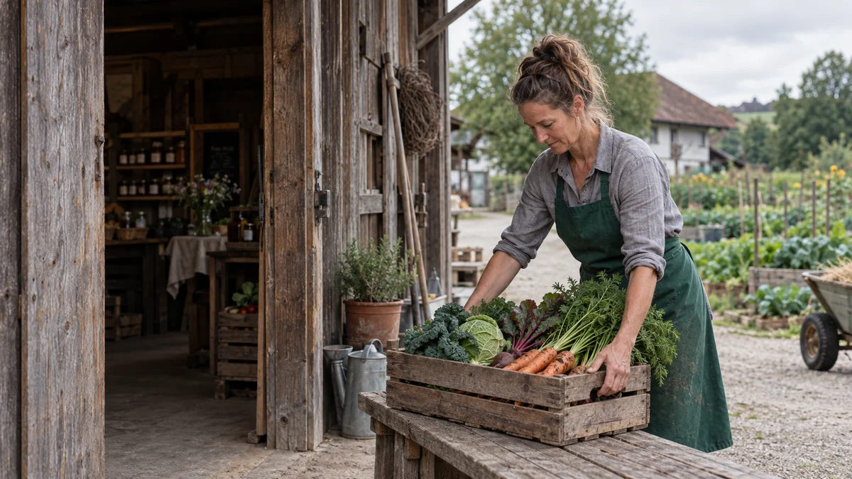Anna stellt eine Gemüsekiste vor dem hölzernen Hofladen ab, bei weichem Tageslicht