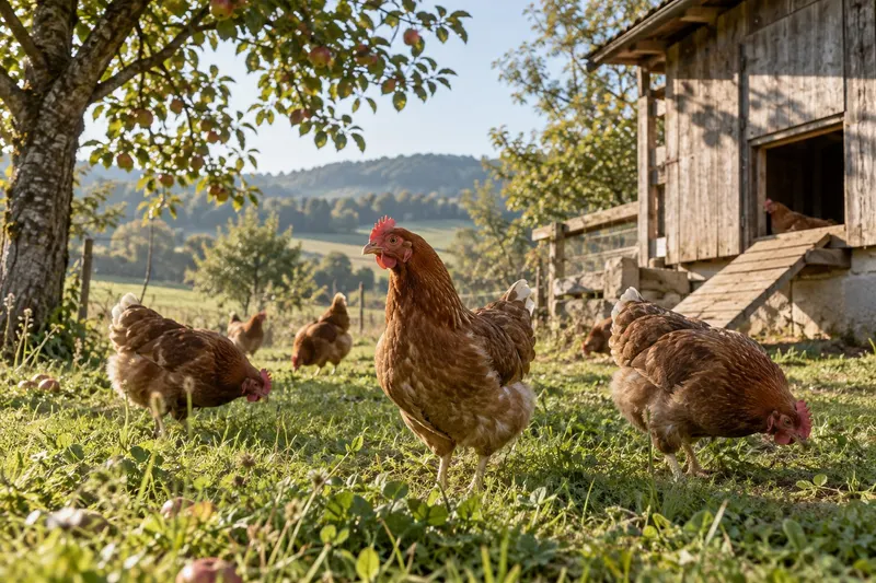 Braune Hühner im Freiland unter einem Apfelbaum