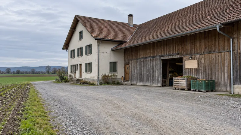 Kiesplatz vor Bauernhaus und Scheune mit Gemüsekisten am Hofladen