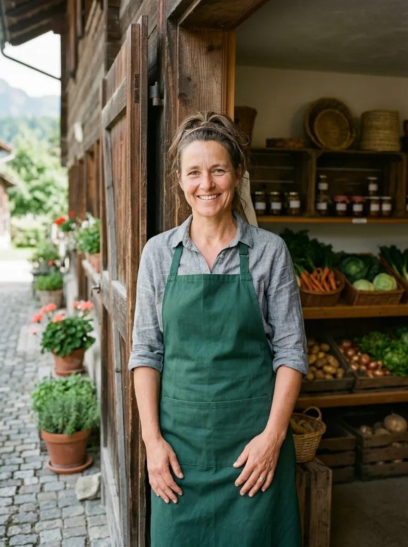 Anna, die Bäuerin vom Hof Sonnmatt, in grüner Schürze vor dem Hofladen