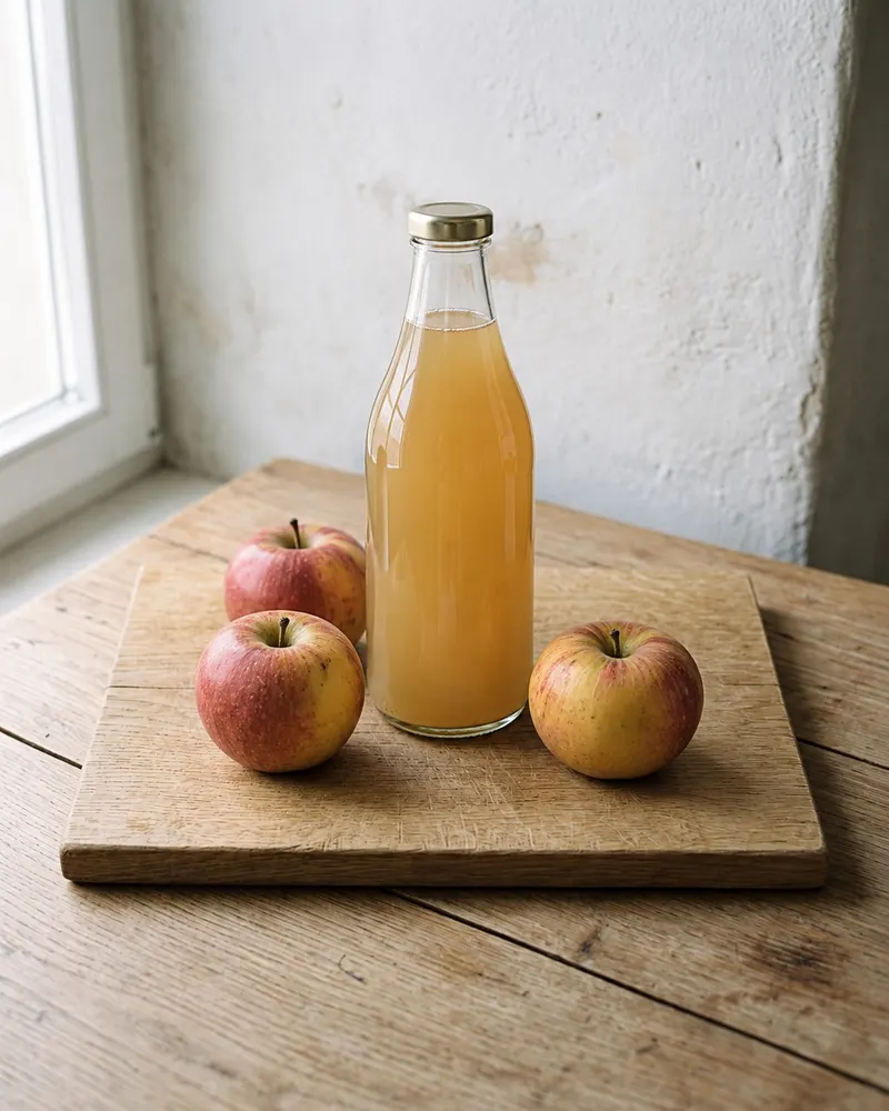 Apfelsaft naturtrüb, 1 Liter, auf einem Eichenbrett