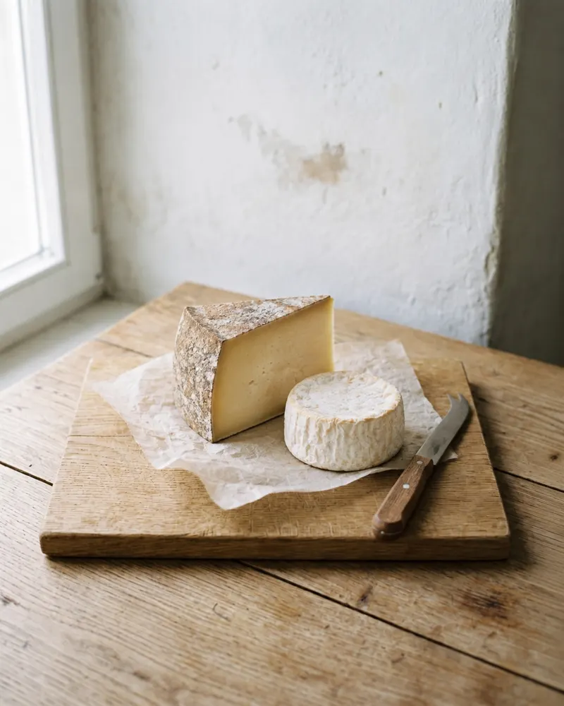 Bergkäse, 250 g, auf einem Eichenbrett