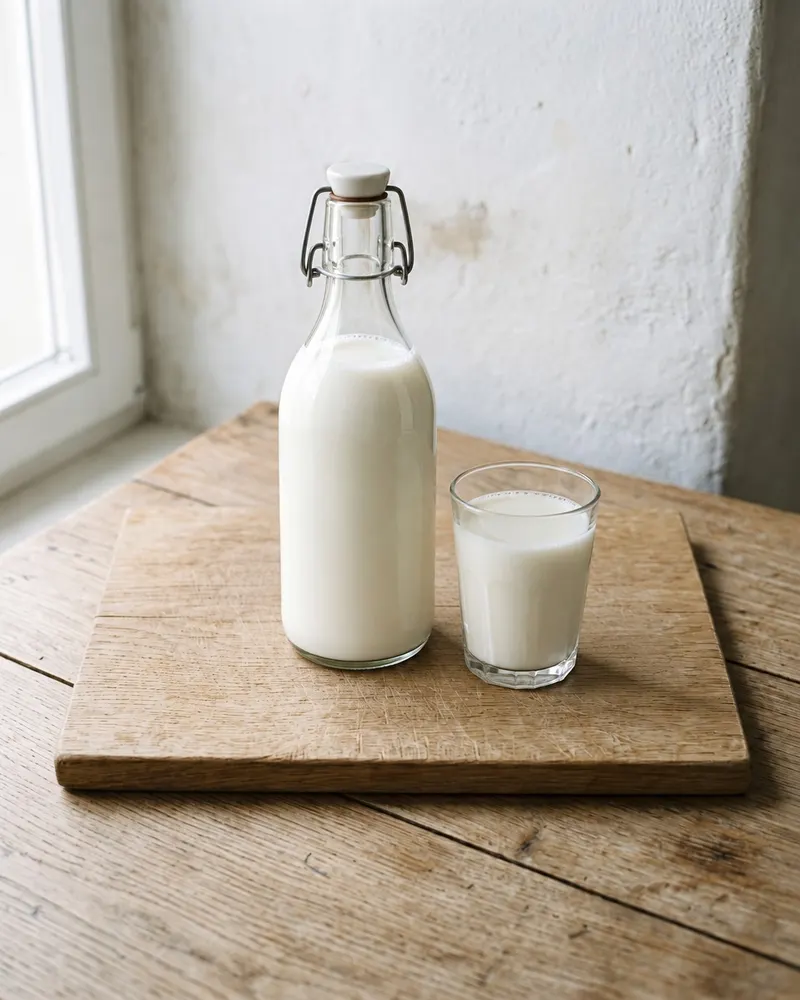 Rohmilch, 1 Liter, auf einem Eichenbrett