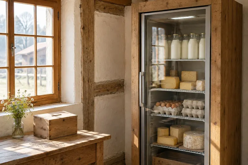Kühlschrank mit Milch, Eiern und Käse und eine Holzkasse in der Selbstbedienung
