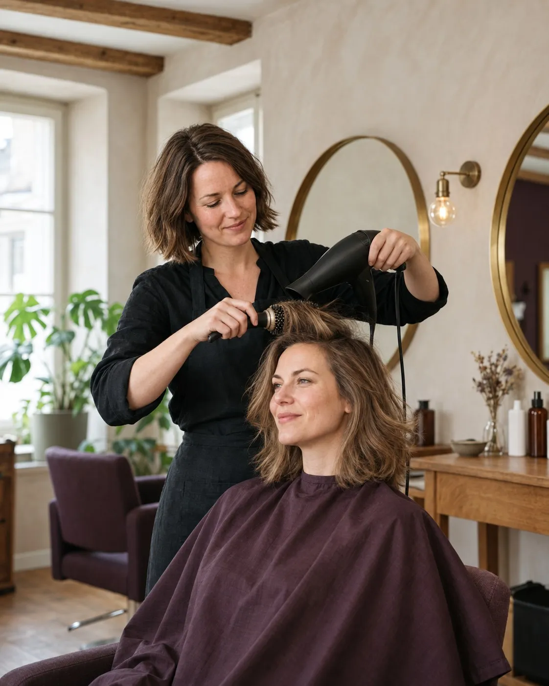 Lea föhnt einer Kundin die Haare mit der Rundbürste in Wellen.