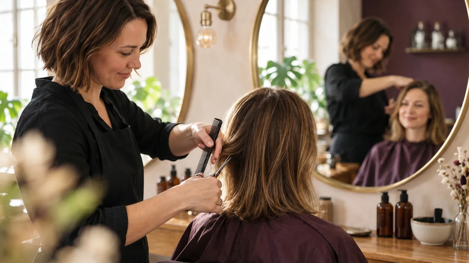 Nahaufnahme: Lea kämmt eine Haarsträhne ab, im runden Spiegel lächelt die Kundin.