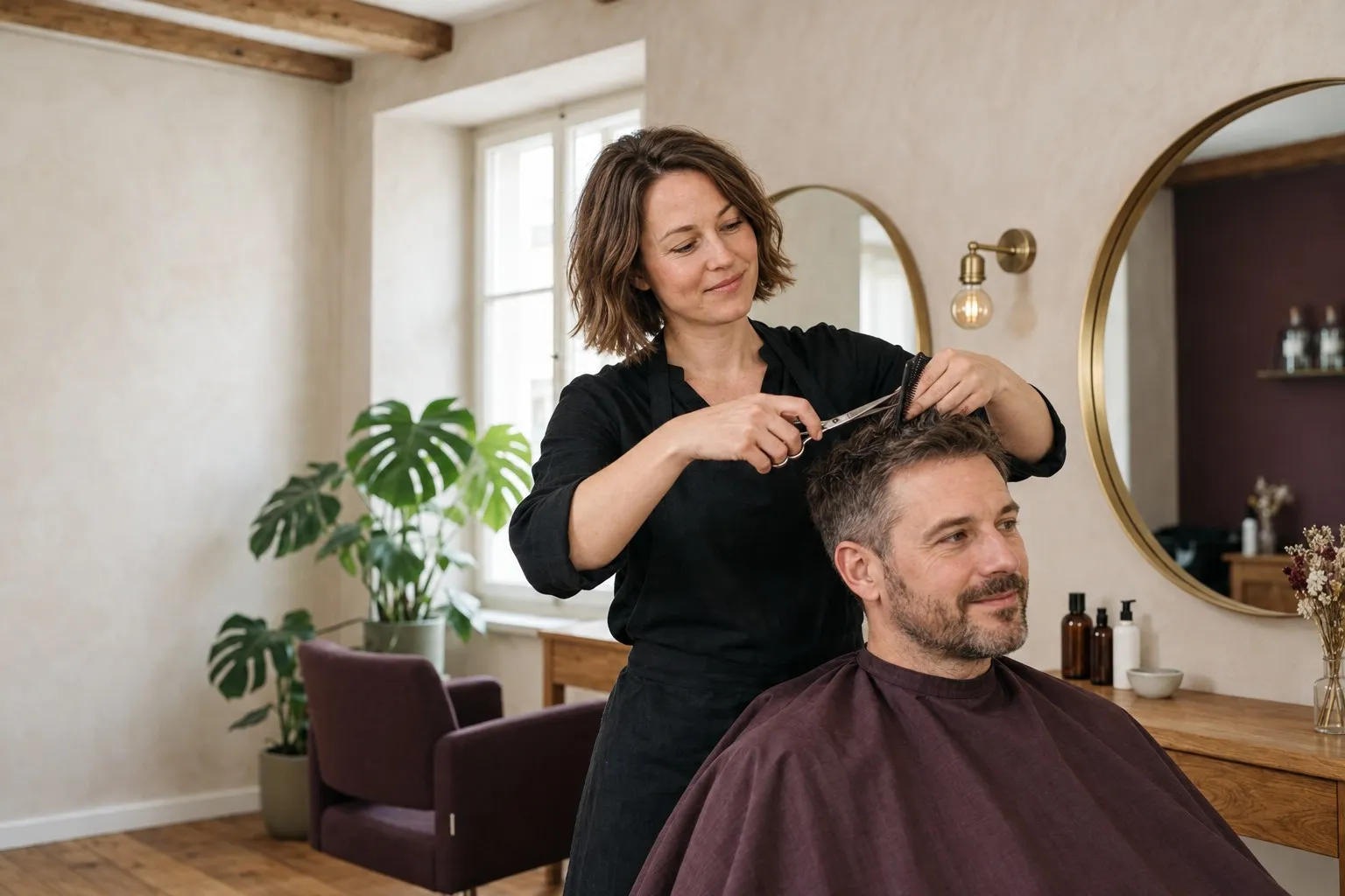 Lea schneidet einem Mann mit Bart die Haare mit Schere und Kamm.