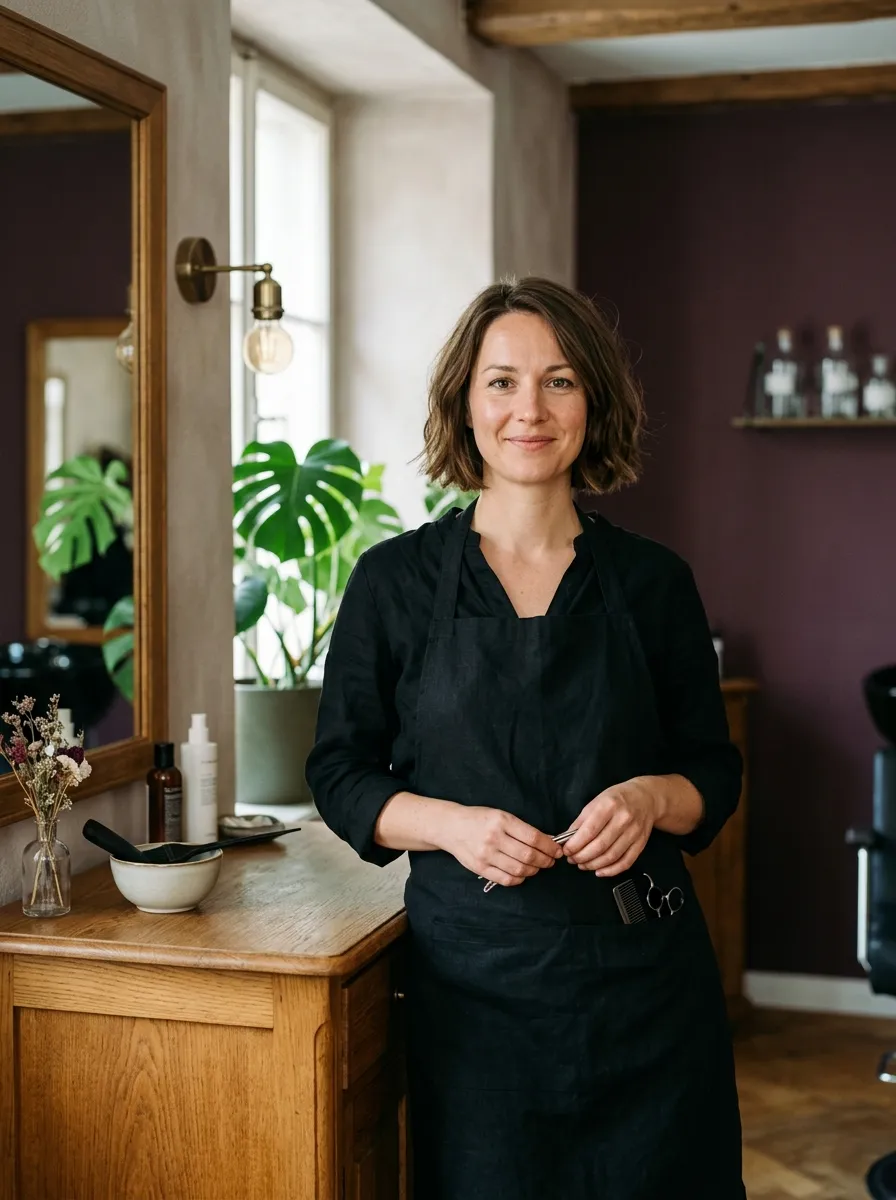 Porträt von Lea Hofer in schwarzer Schürze, im Hintergrund die pflaumenfarbene Wand des Salons.