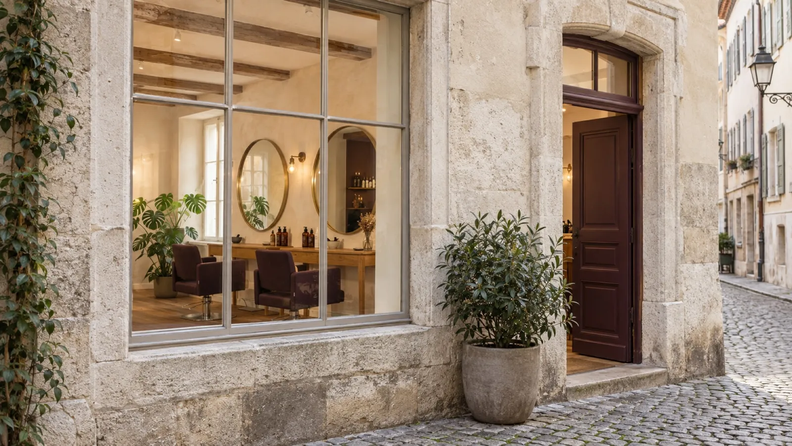 Die Steinfassade des Salons mit grossem Schaufenster und offener Holztür an einer gepflasterten Gasse.