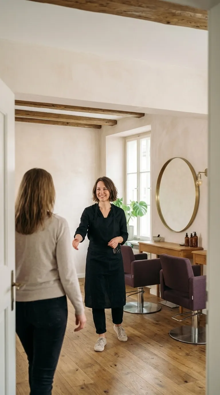 Lea Hofer in ihrem Salon mit Holzboden, runden Messingspiegeln und pflaumenfarbenen Stühlen.