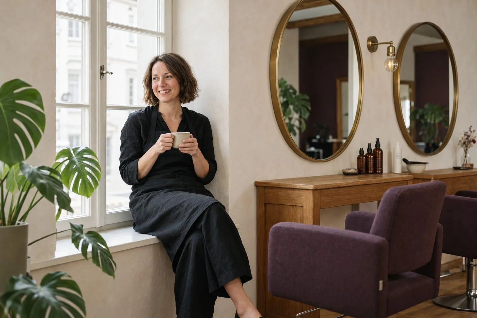 Lea sitzt mit einer Tasse Kaffee auf dem Fensterbrett, daneben die Spiegel und Stühle des Salons.