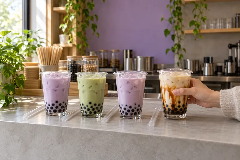 Vier verschlossene Bubble Teas auf der Betontheke, daneben breite Trinkhalme, eine Hand nimmt den Becher mit braunem Zucker