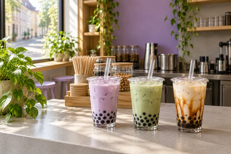 Drei verschlossene Becher mit Trinkhalm auf der Betontheke: Taro, Matcha und Brauner Zucker