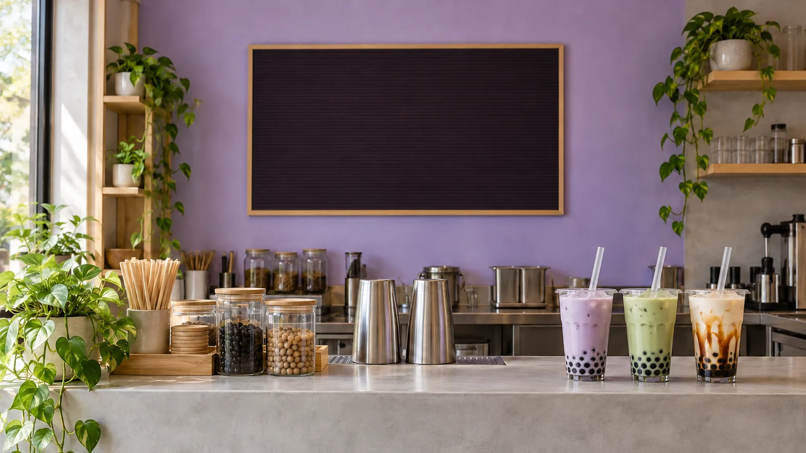 Die Theke von Boba: fliederfarbene Wand mit der Steckbuchstaben-Tafel, davor Gläser mit Perlen, zwei Mixbecher aus Stahl und drei verschlossene Becher mit Trinkhalm