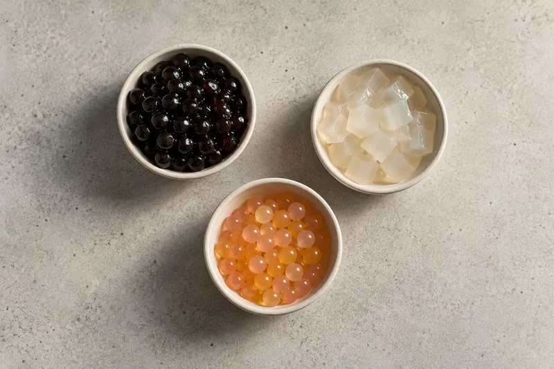 Drei Schalen von oben: schwarze Tapioka-Perlen, Kokosgelee und orange Fruchtperlen
