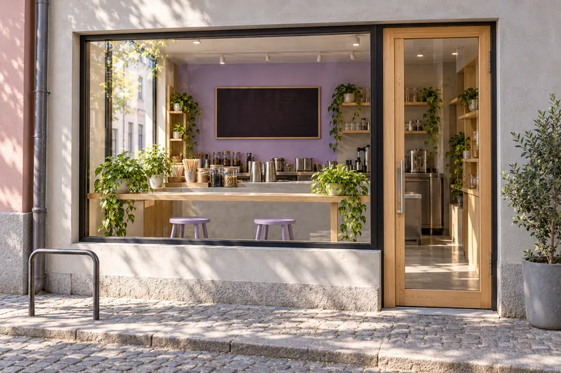 Der Laden von der Gasse aus: helle Kalkfassade, Schaufenster und Glastür mit Eichenrahmen, drinnen die fliederfarbenen Hocker am Fenster