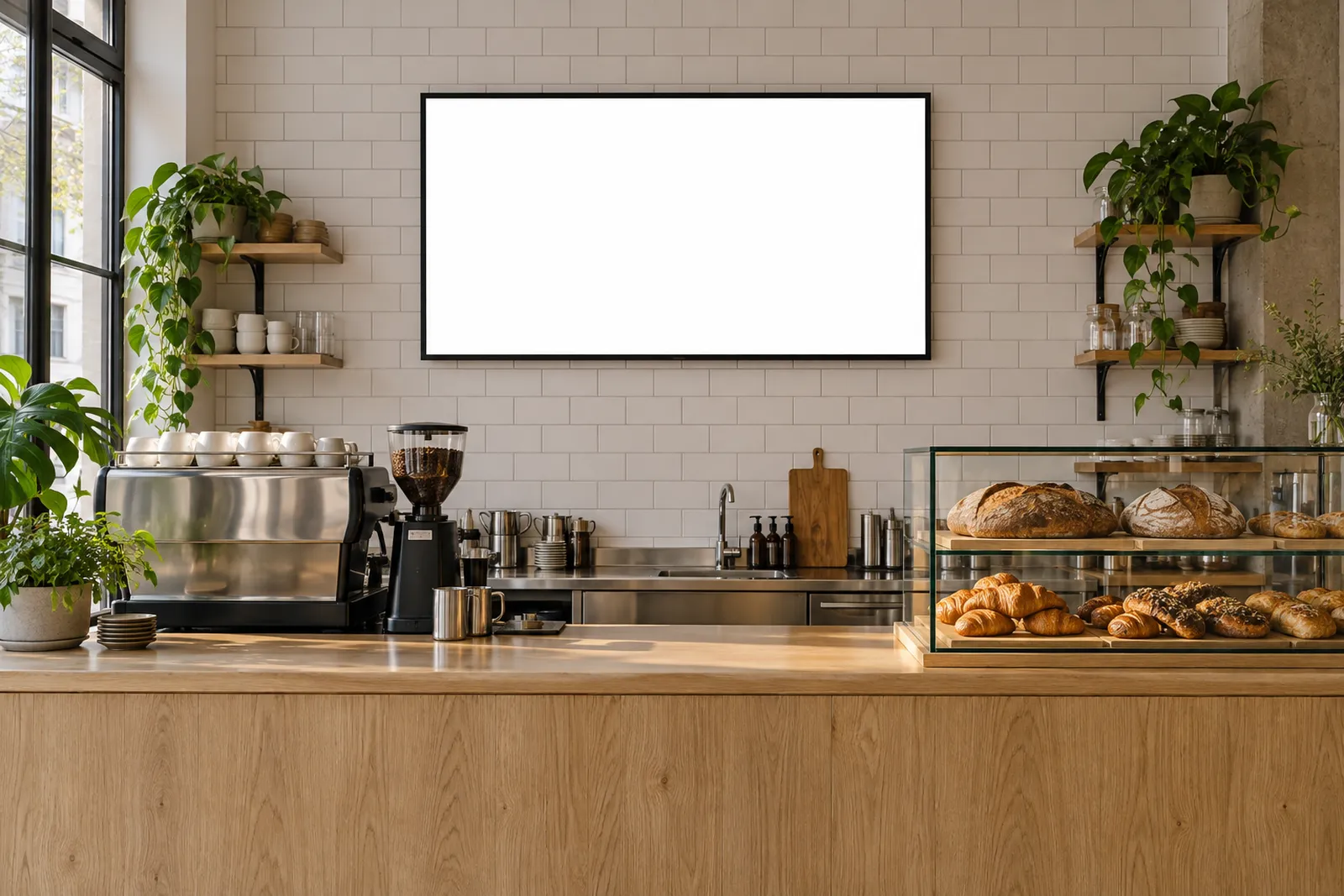 Die Theke von Early Edition mit Espressomaschine, Brot in der Vitrine und dem Bildschirm mit den 20-Sekunden-Meldungen
