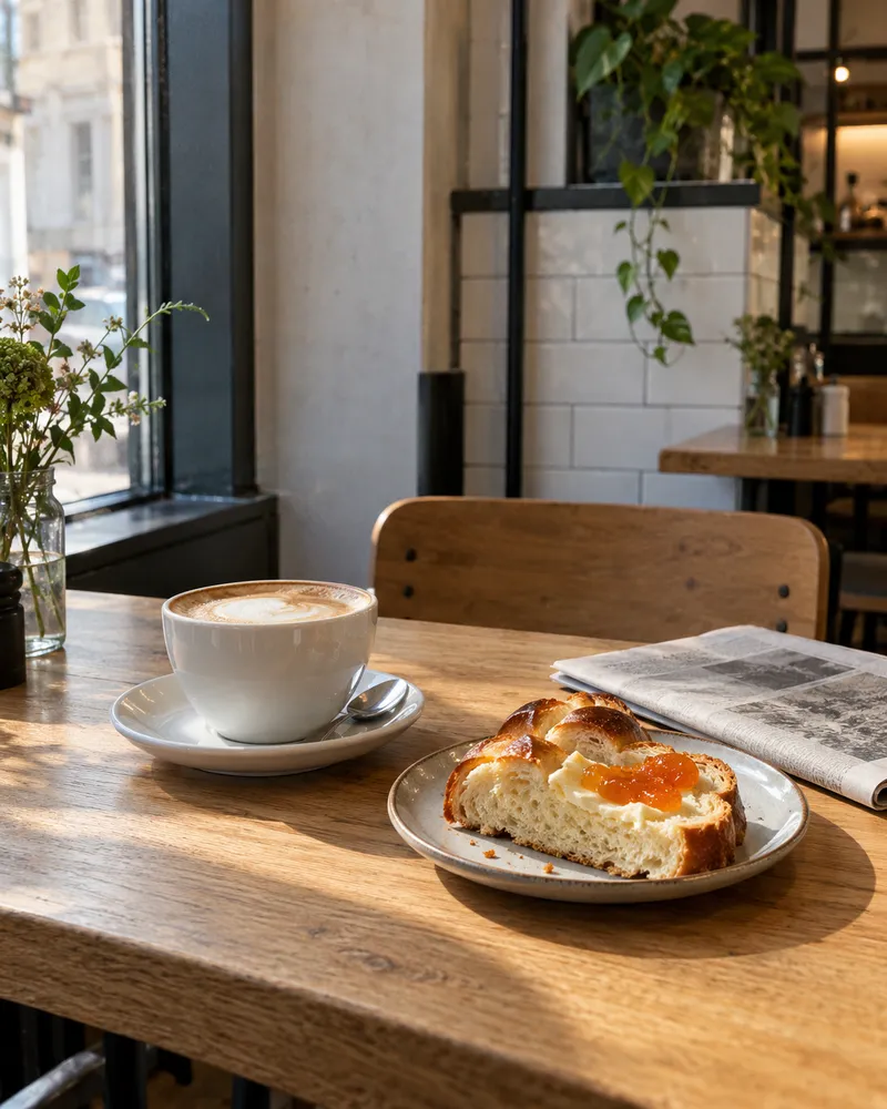 Cappuccino und ein Stück Zopf mit Butter und Aprikosenkonfi am Fenstertisch, daneben eine Zeitung
