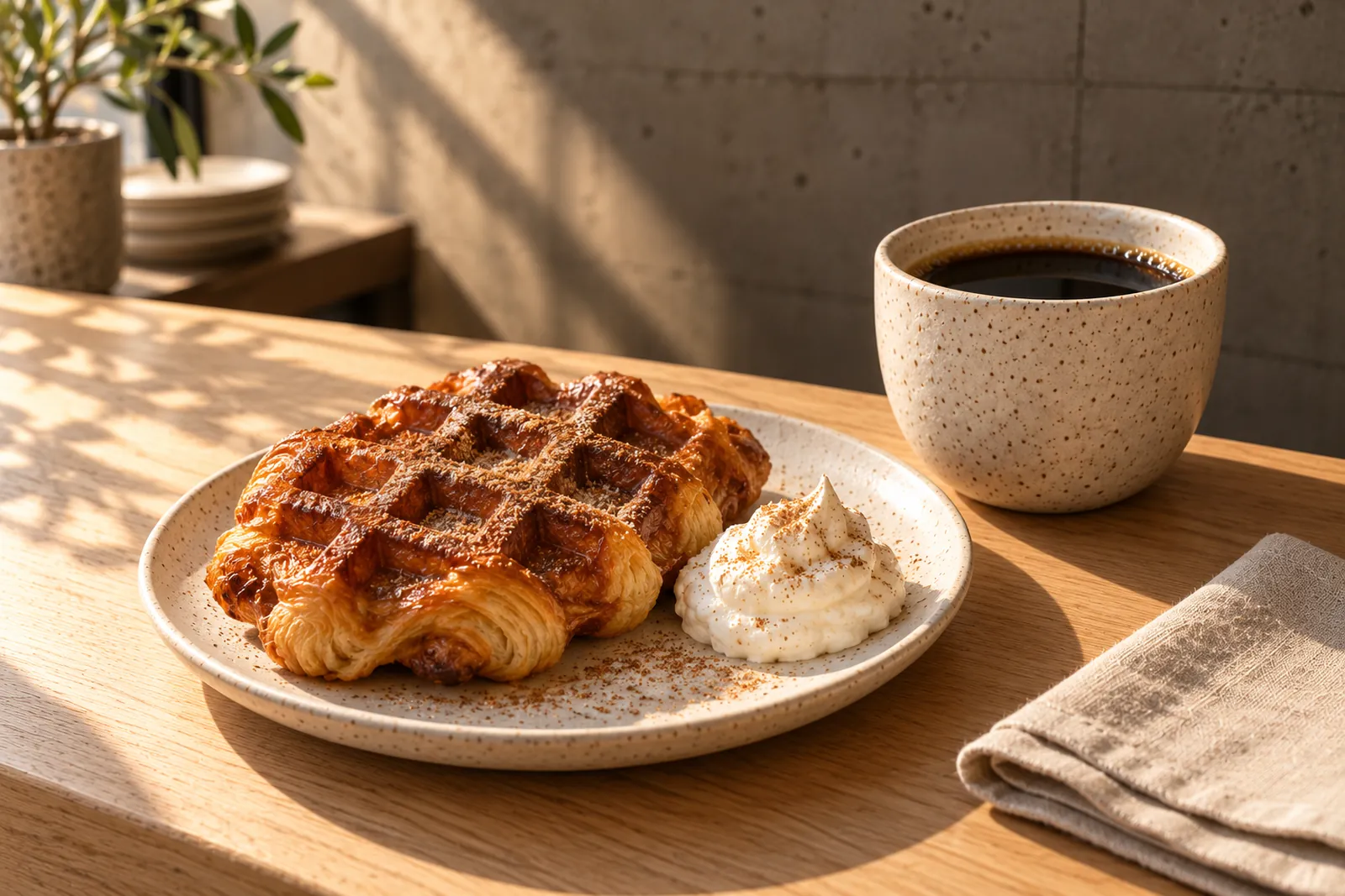 Ein Croffle mit Zimtzucker und Rahm neben einer Tasse Filterkaffee auf der Eichentheke in der Morgensonne