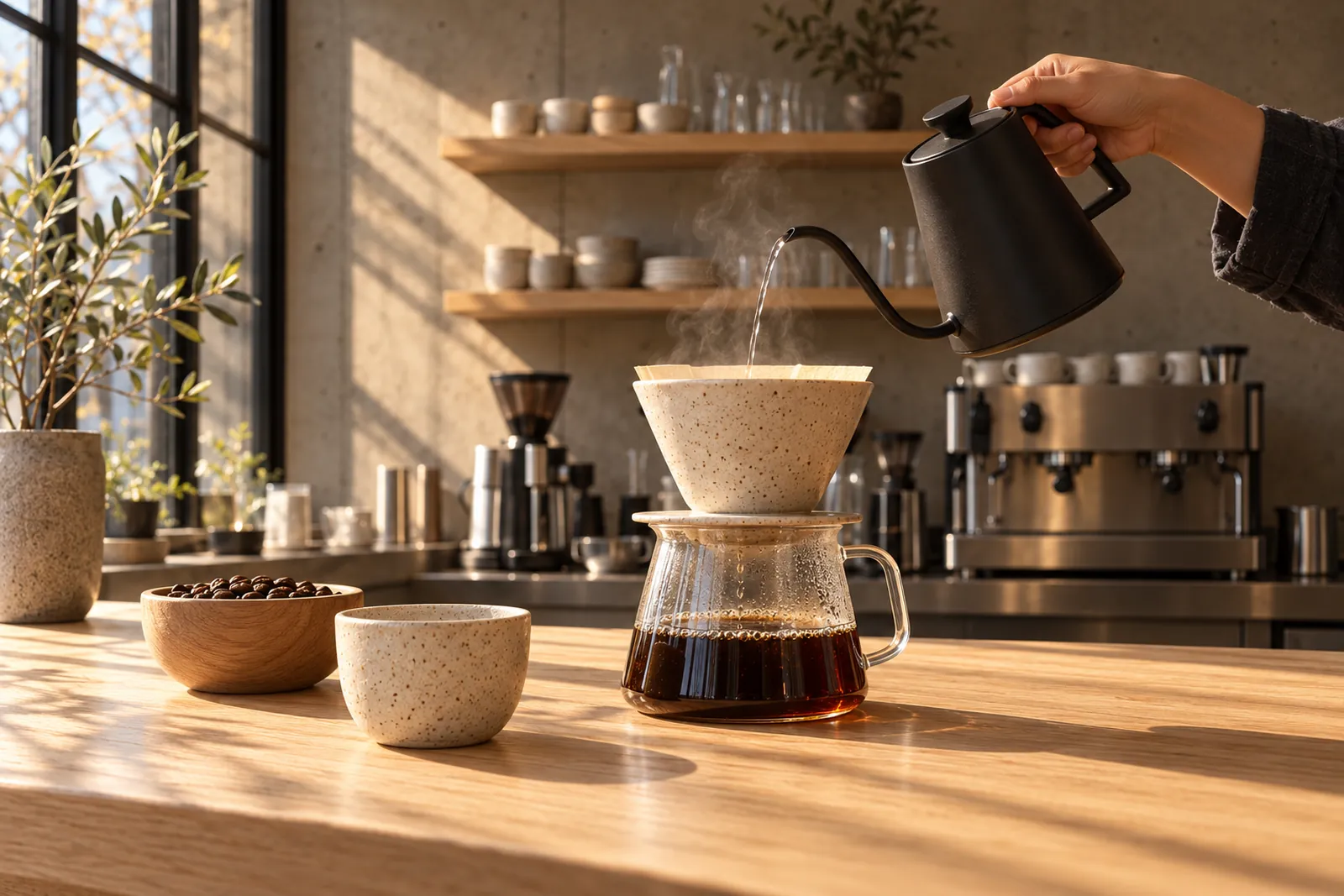 Wasser aus dem schwarzen Kessel fliesst in den Keramikfilter auf der Glaskanne, daneben eine Holzschale mit Bohnen und eine leere Tasse