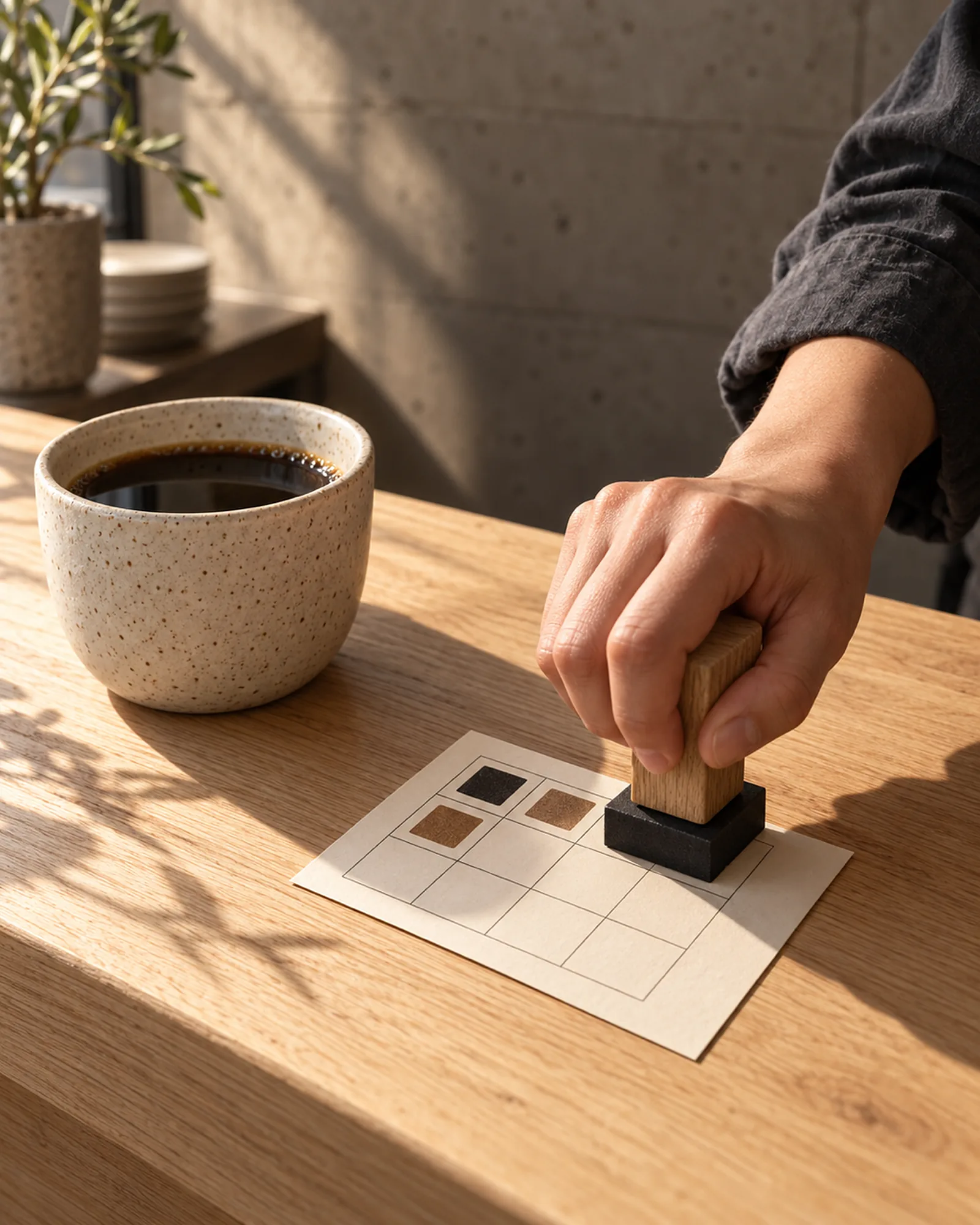 Eine Hand drückt den Stempel der Jahreszeit auf die Stempelkarte, daneben eine Tasse Filterkaffee auf der Eichentheke