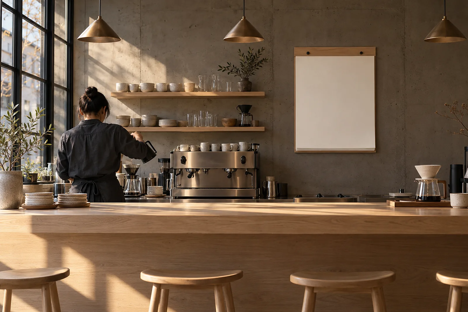 Die Theke von Haru aus hellem Eichenholz vor der Betonwand. Dahinter hängt der Abreisskalender, eine Barista giesst Filterkaffee auf.